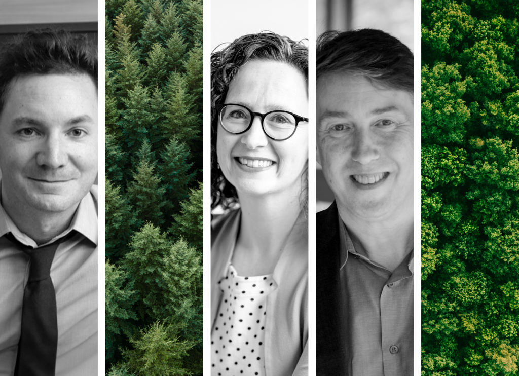 Five panel image. Left to right: Patrick Foley, pine forest (aerial), Oihana Elizalde, Paul Anastas, forest (aerial)